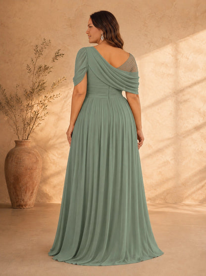 Roselledress sage green mother of bride gown back view, beaded open back chiffon plus size wedding mother dress