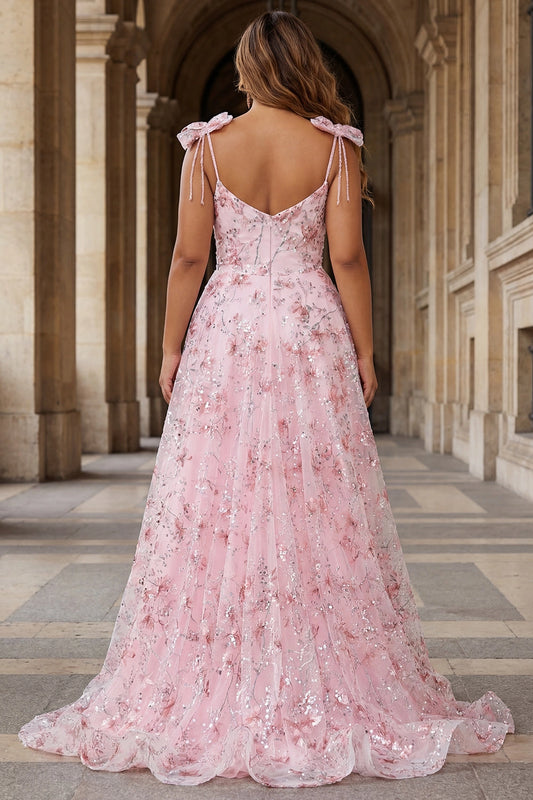 roselledress plus size blush floral tulle formal dress v-back bow spaghetti strap long evening gown