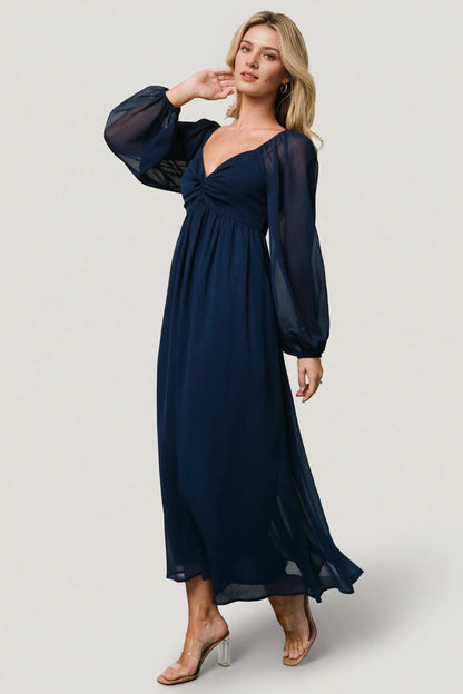 Flowy Midi V-Neck Twist Long Sleeve Smocked-Back Mother Of Bride Dress