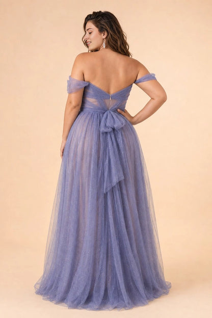 Roselledress glitter tulle formal dress plus size v back big bow invisible zipper long prom dress back view