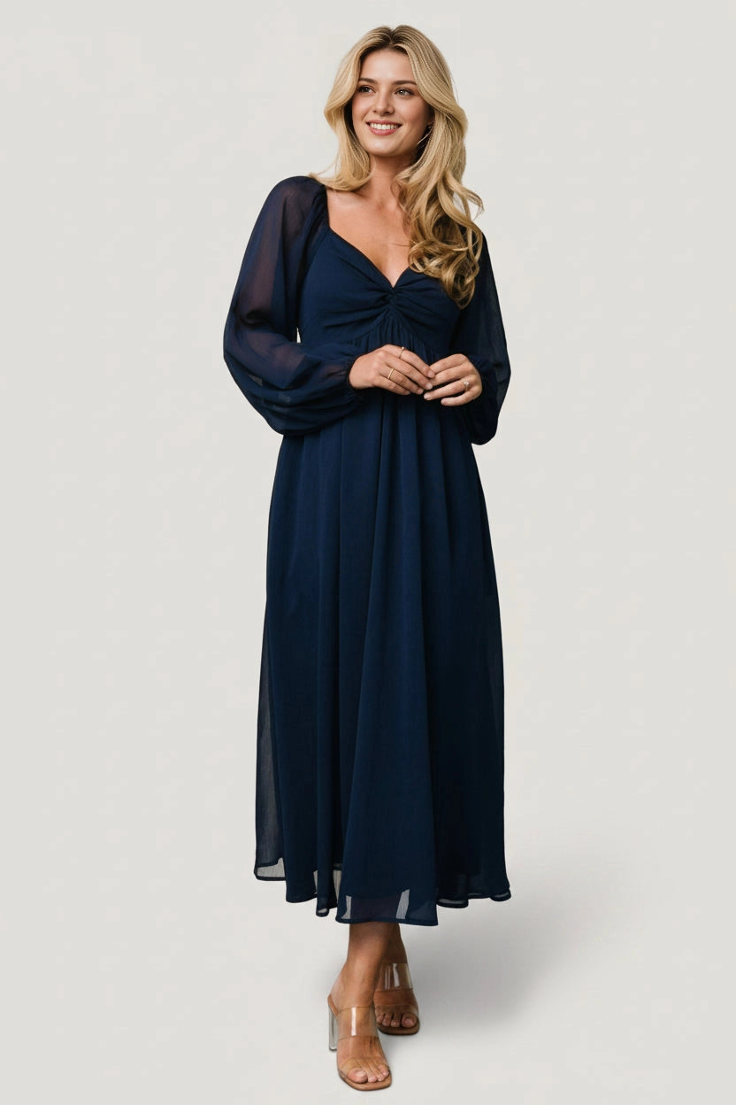Flowy Midi V-Neck Twist Long Sleeve Smocked-Back Mother Of Bride Dress
