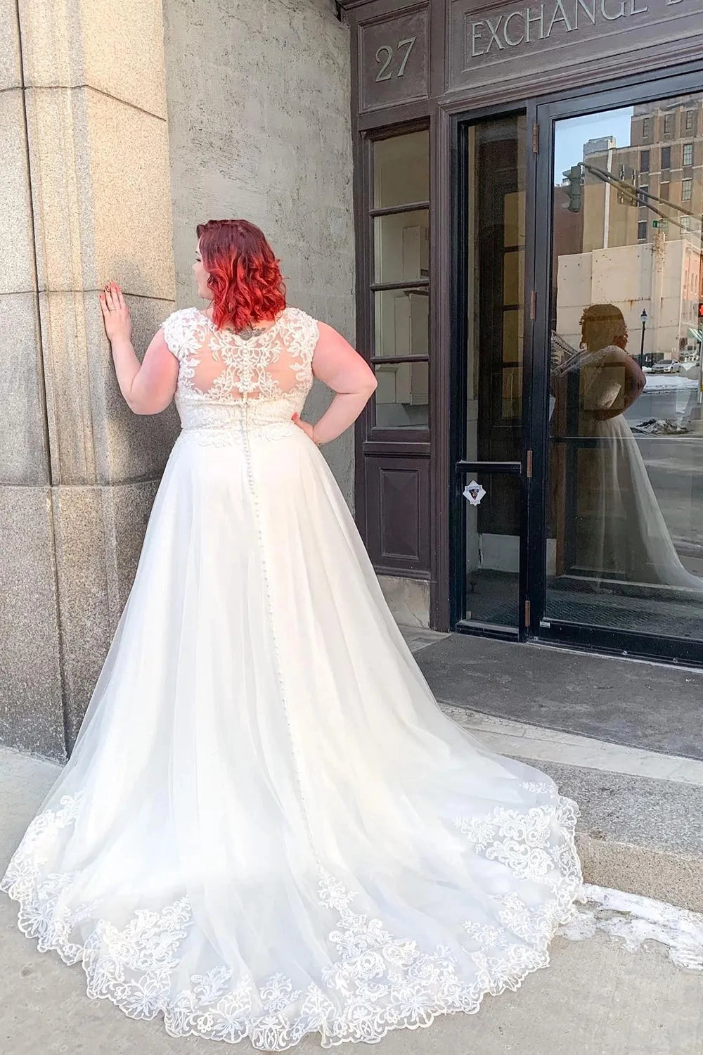 Back view Roselledress plus size wedding gown illusion lace pearl zipper back cap sleeve bridal dress
