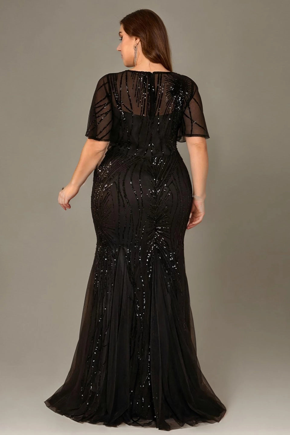 back view black curvy evening gown sheer sequin tulle back zip floor length wedding mother dress