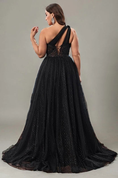back view black curvy evening gown lace up corset back sparkly tulle one shoulder party dress