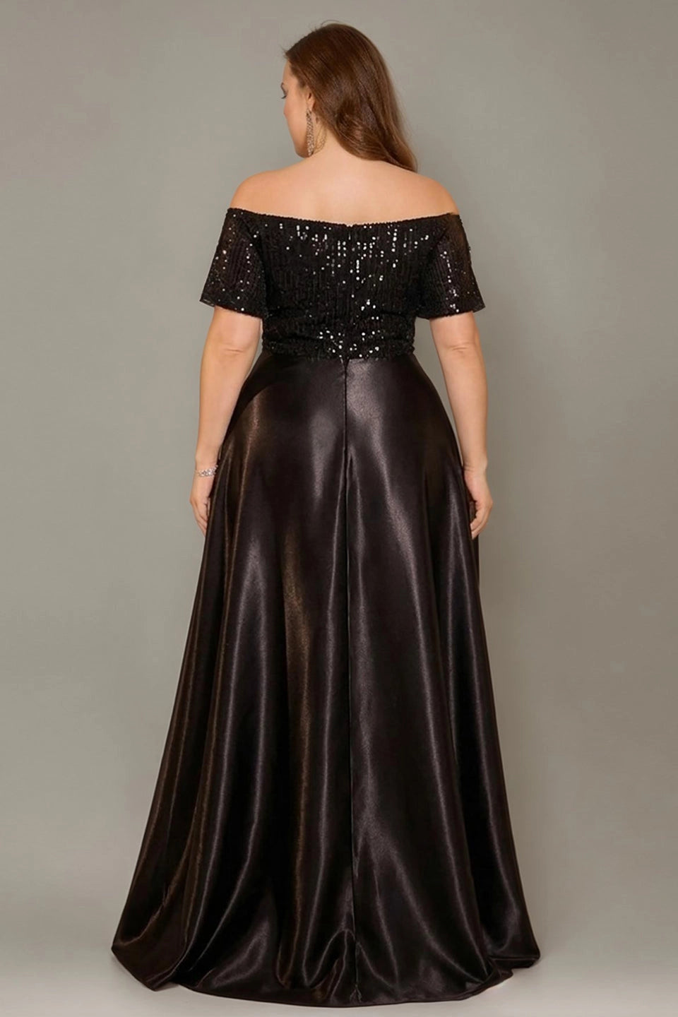 back view Roselledress curvy satin formal dress full sequin off shoulder zip back floor length party gown