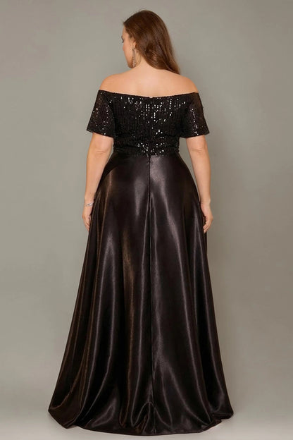 back view Roselledress curvy satin formal dress full sequin off shoulder zip back floor length party gown