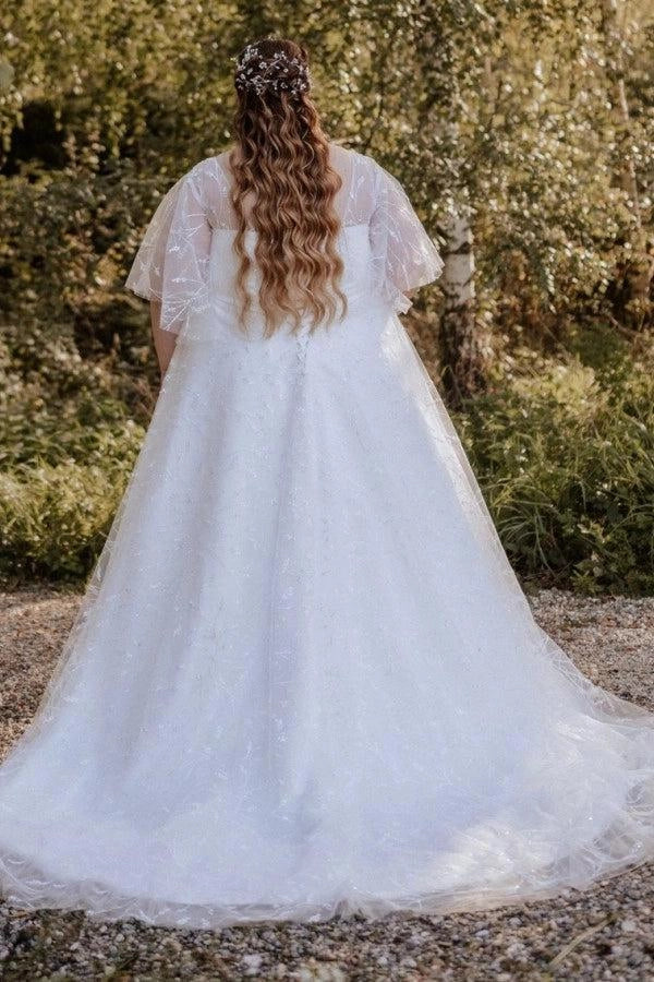 Roselledress embroidered tulle wedding gown plus size flutter sleeve zipper back train dress back view