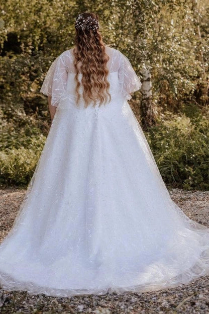 Roselledress embroidered tulle wedding gown plus size flutter sleeve zipper back train dress back view