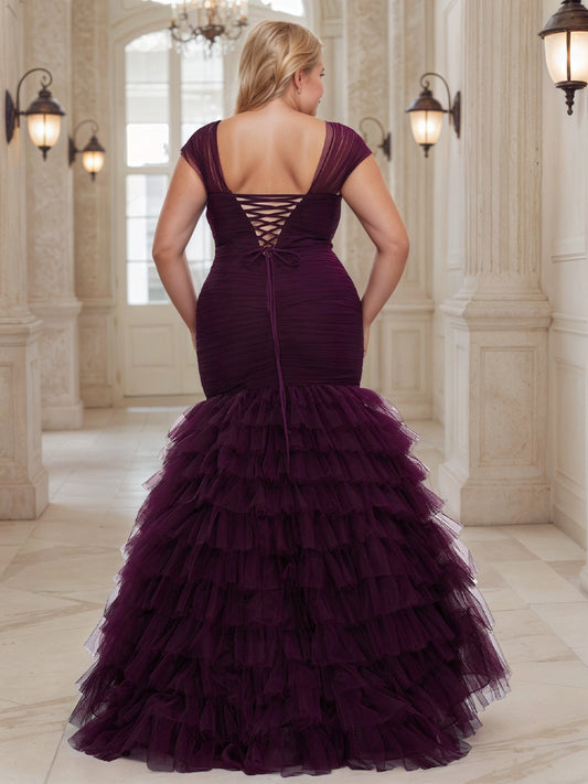 RoselleDress plum purple plus size mermaid wedding guest gown sheer cap-sleeve lace-up corset back tiered ruffled tulle dress back view floor-length