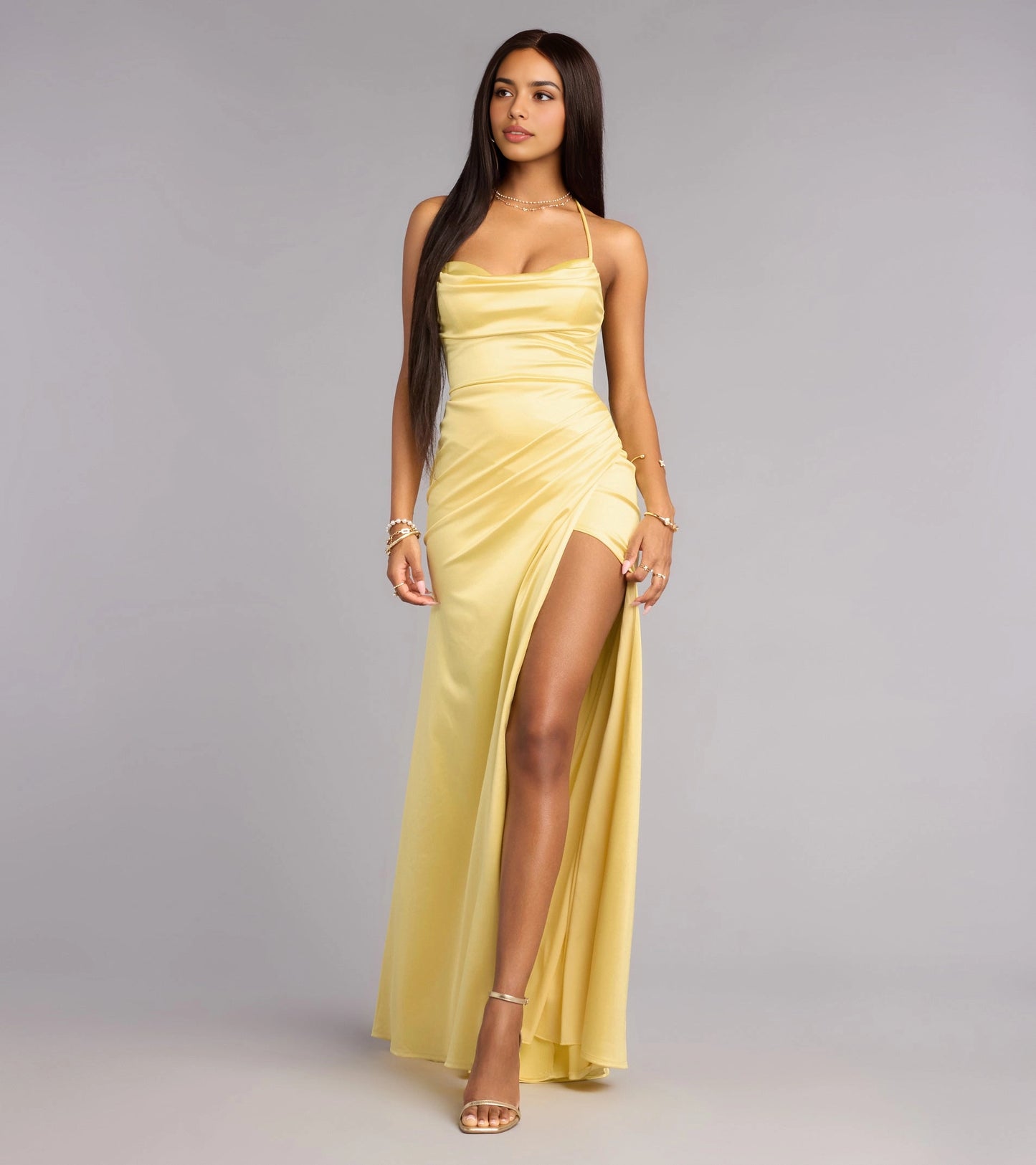 Slim Maxi Spaghetti Lace-Up Back Ruched Long Prom Dress