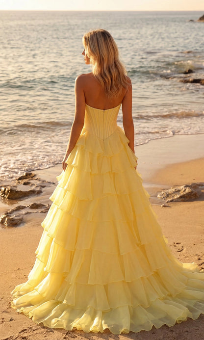roselledress lemon yellow long formal gown seamless plain strapless corset back vertical invisible zipper tiered chiffon train beach wedding dress back view