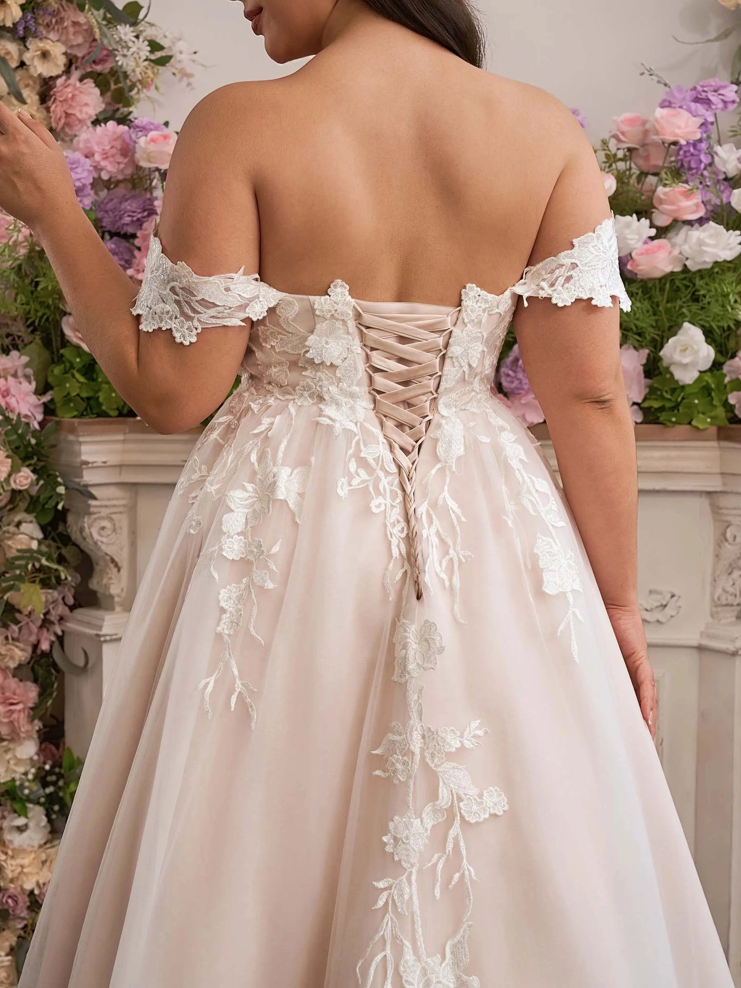 Dreamy A‑Line Off‑The‑Shoulder Short‑Sleeve Corset‑Back Court‑Train Plus Size Wedding Dress