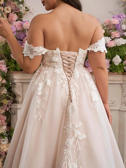 Dreamy A‑Line Off‑The‑Shoulder Short‑Sleeve Corset‑Back Court‑Train Plus Size Wedding Dress