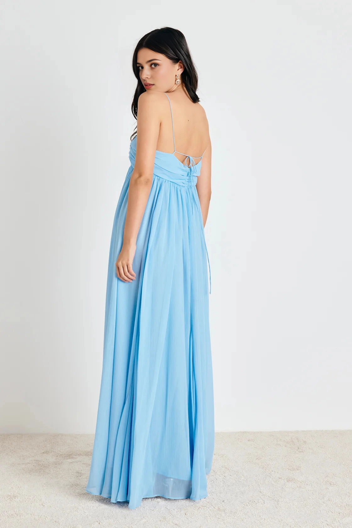 roselledress light blue airy bridal gown seamless deep v adjustable fabric tie lace up open back thin spaghetti crinkle chiffon beach spring wedding guest dress full back view