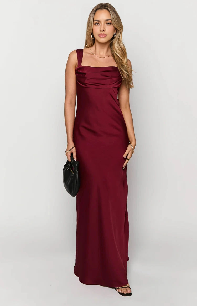 Burgundy Sheath Square Cowl Strap Cross Tie Back Long Prom Dress