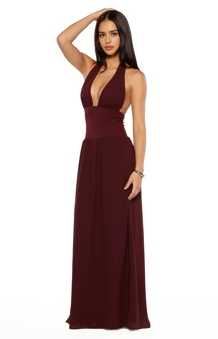 Burgundy A-Line Halter Plung Neck Sleeveless Tie Back Floor-Length Prom Dress