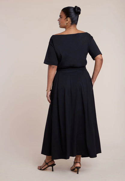 Roselle Dress plus size black boat neck elastic waist maxi formal wedding guest dress back view