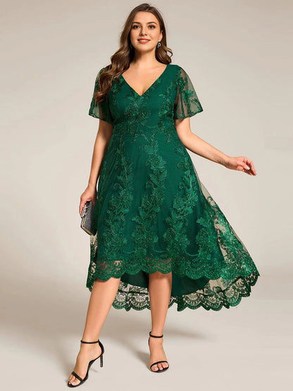 roselledress dark green lace plus size wedding guest dress double v neck flutter sleeve sequin high low midi gown