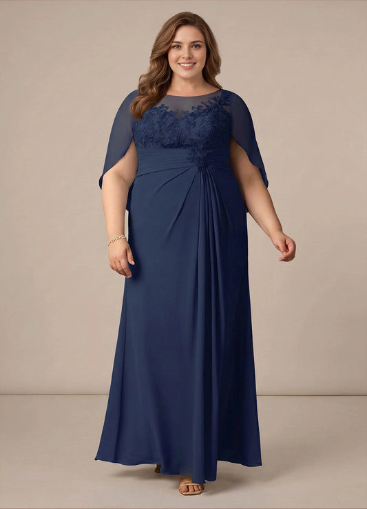 Elegant A-line Illusion Neck Cape Sleeve Draped-Back Maxi plus size Mother Of Bride Dress