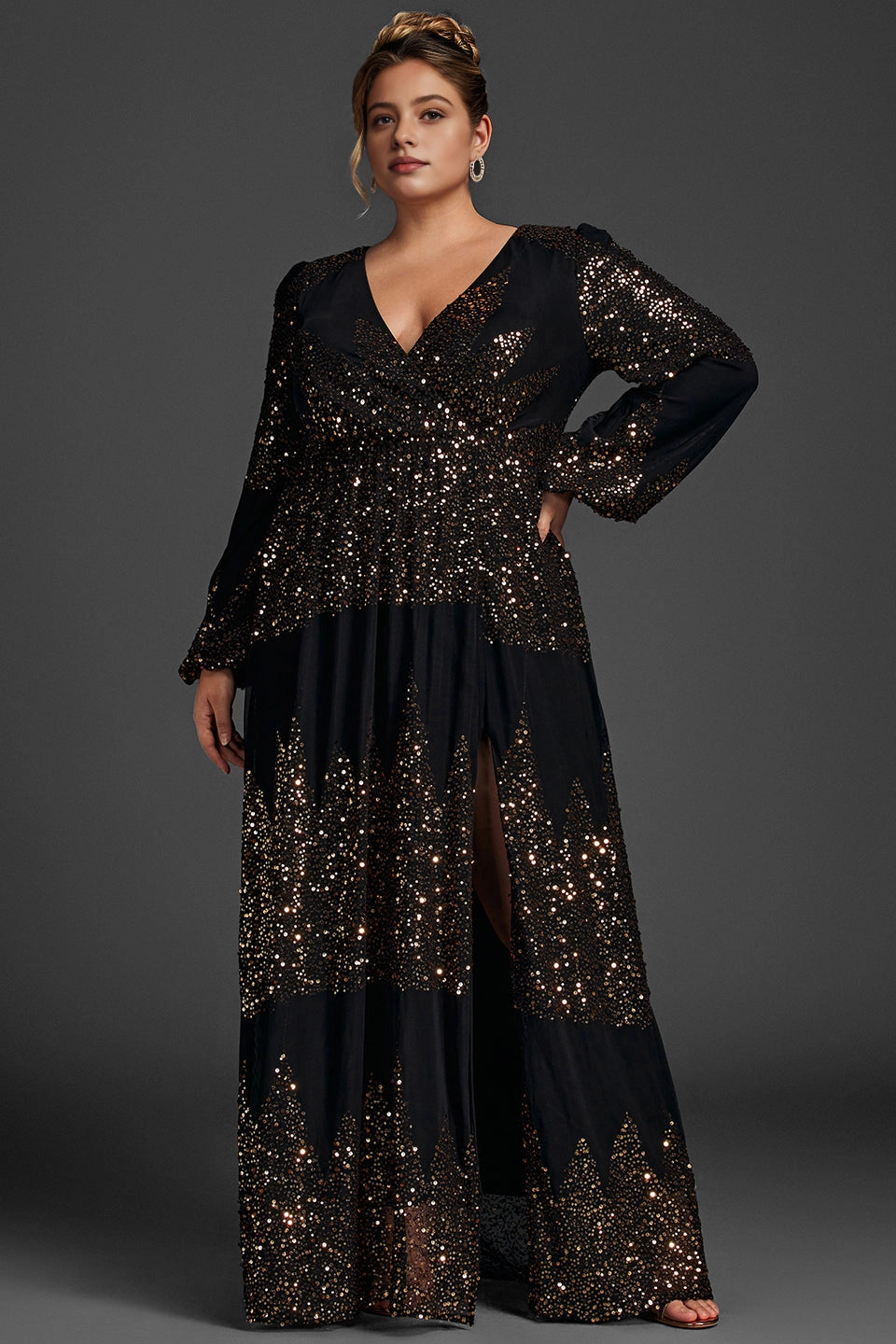 Glam Plus Size A-Line V-Neck Long-Sleeve Solid-Back Floor-Length Mother Of Bride Dress