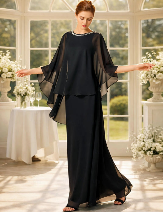 roselledress black plus size column mother of bride dress jewel neck cape sleeve chiffon floor length formal gown for curvy women