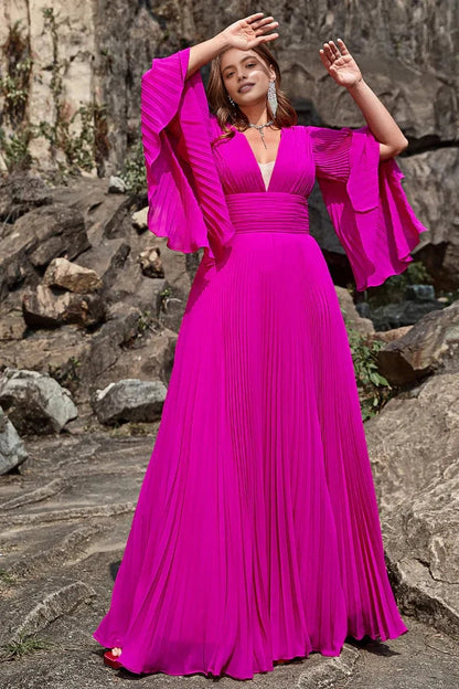 Stunning A‑Line V‑Neck Bell‑Sleeve Deep‑V‑Back Floor‑Length Plus Size Wedding Guest Dress