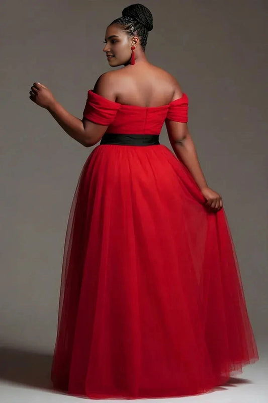 Roselledress red a‑line tulle dress back view,open back off‑shoulder plus size formal evening gown