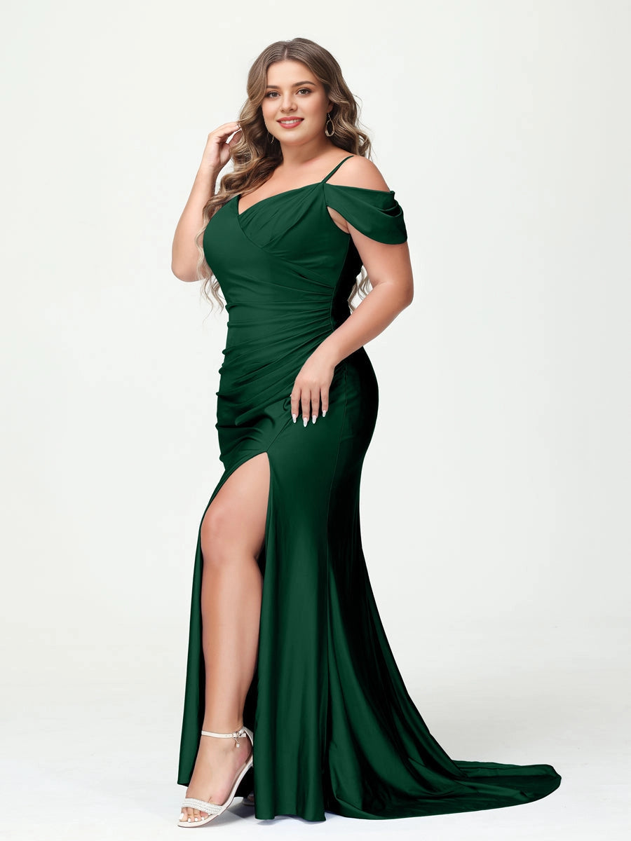 Roselledress Ruched Mermaid Off-Shoulder V Open-Back Slit Maxi Plus Size Prom Dress