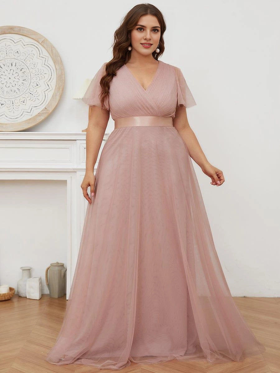 roselledress dusty pink tulle plus size bridesmaid dress v neck flutter sleeve a line long gown