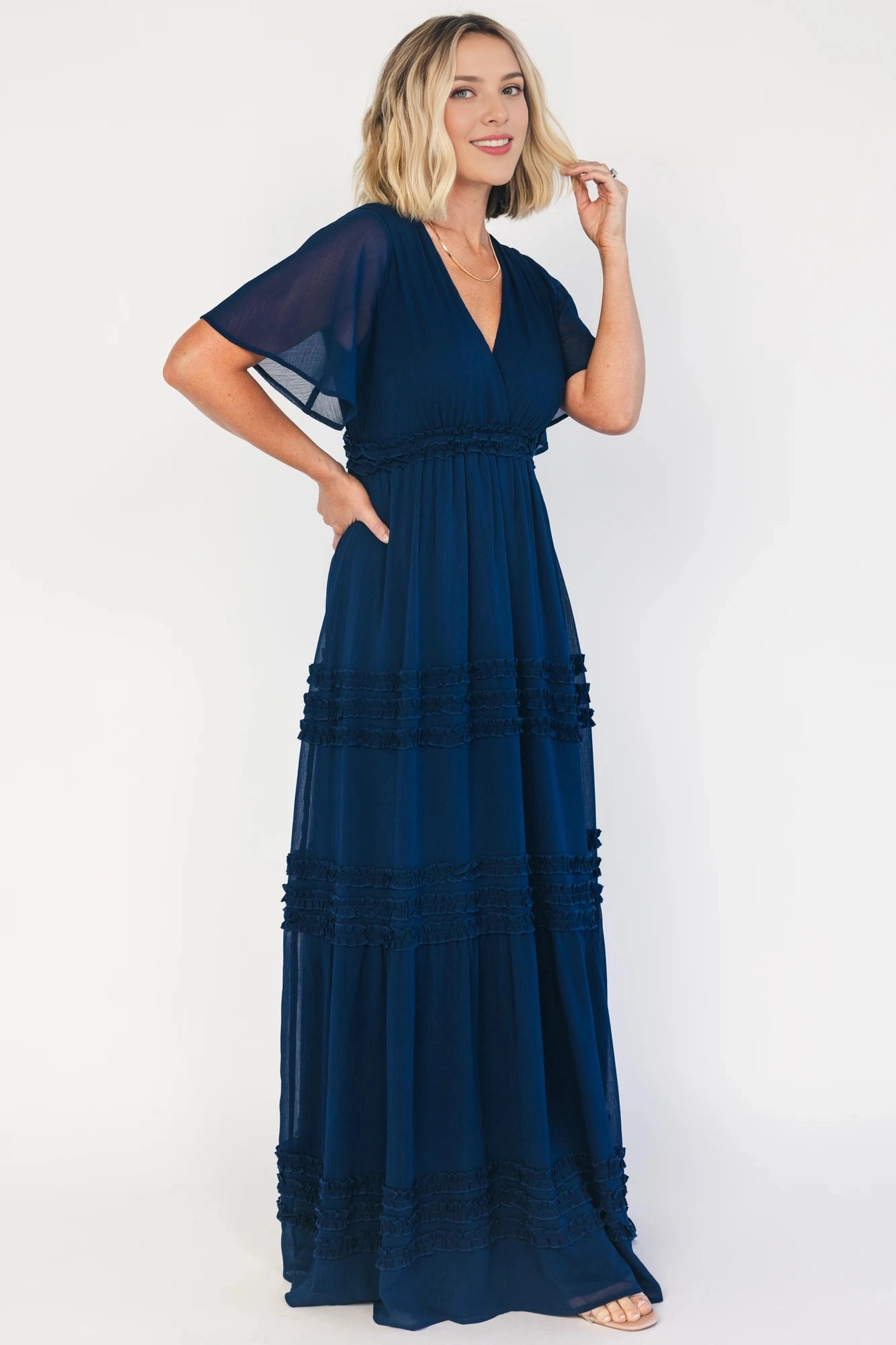 Modest A-Line V-Neck Flutter-Sleeve Tie-Back Floor-Length Mother Of The Bride Dress