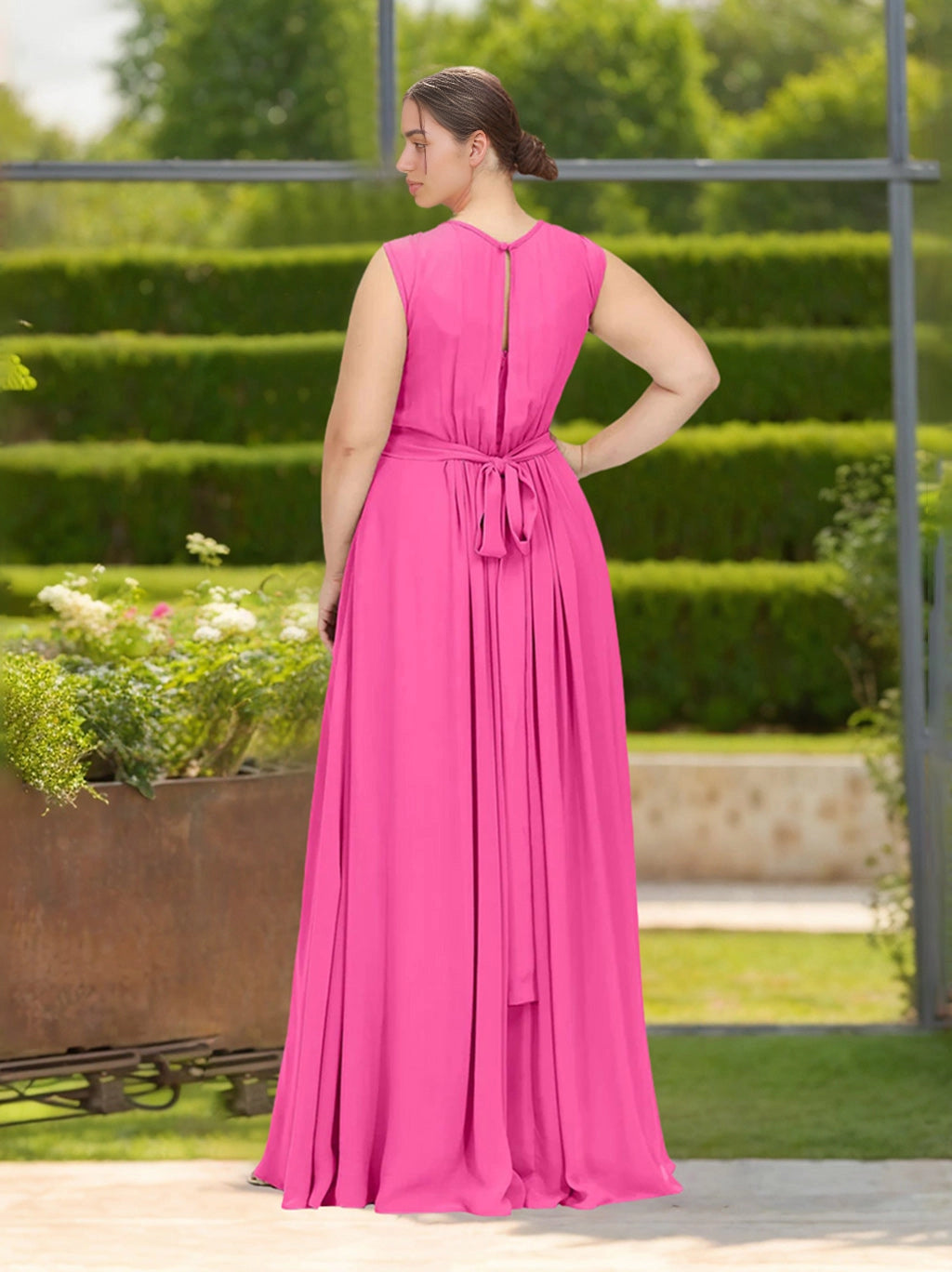 roselledress curvy hot pink bridesmaid dress keyhole cutout back bow tie zipper formal bridal long dress
