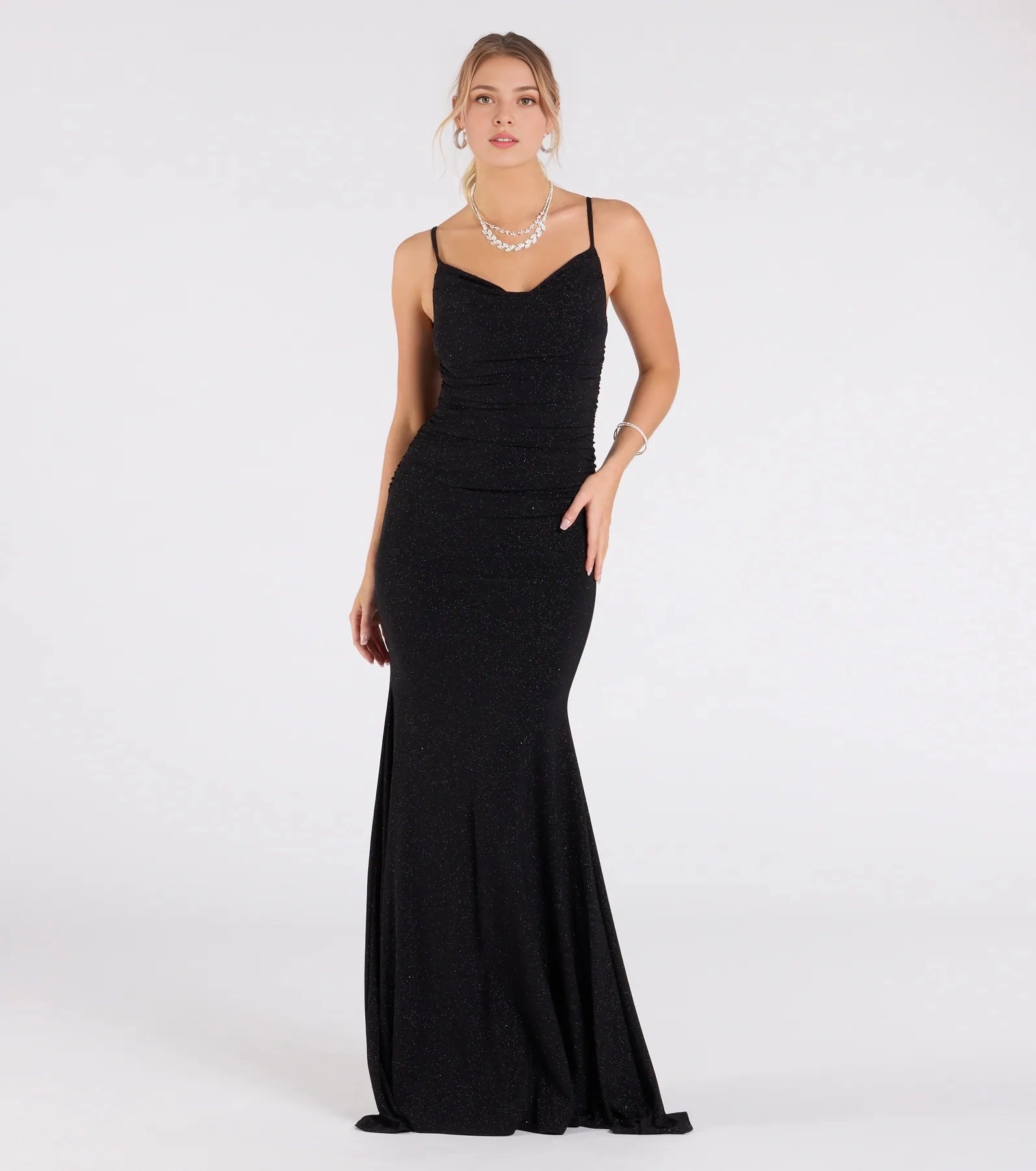 Roselledress black glitter spaghetti strap cowl neck ruched mermaid prom gown front view