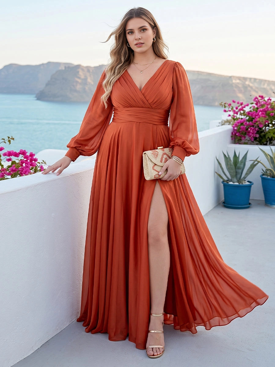 Roselledress terracotta plus size chiffon bridesmaid dress deep v lantern long sleeve high slit wedding guest maxi gown