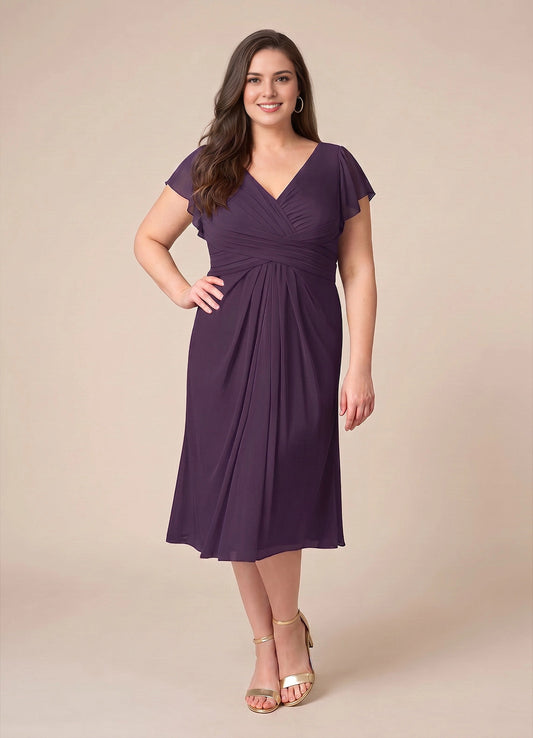 Roselledress plum plus size chiffon midi dress v neck flutter sleeve front view