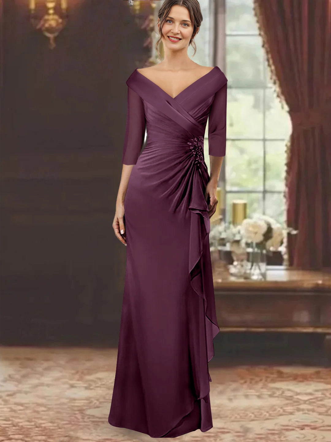 Luxurious Mermaid Off-The-Shoulder Three-Quarter-Sleeve Closed-Back Floor-Length Mother of the Bride Dresses