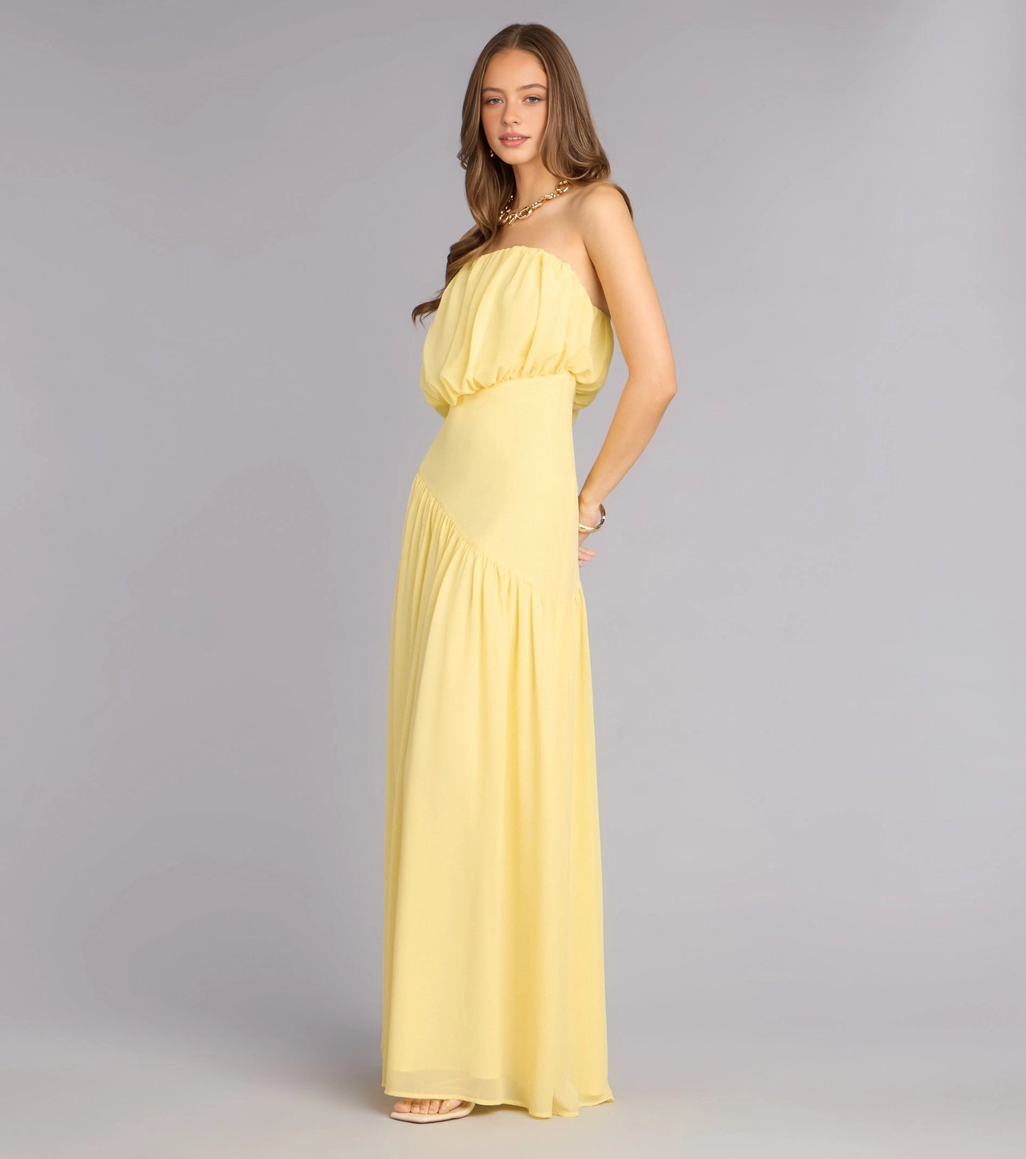 RoselleDress Pale Yellow Strapless Bubble Tube Chiffon Prom Dress