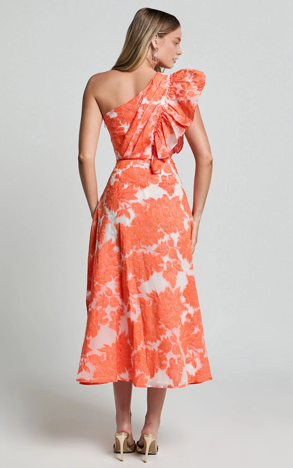 A Line One Shoulder Ruffle Floral Jacquard Plus Size Wedding Guest Midi Dress