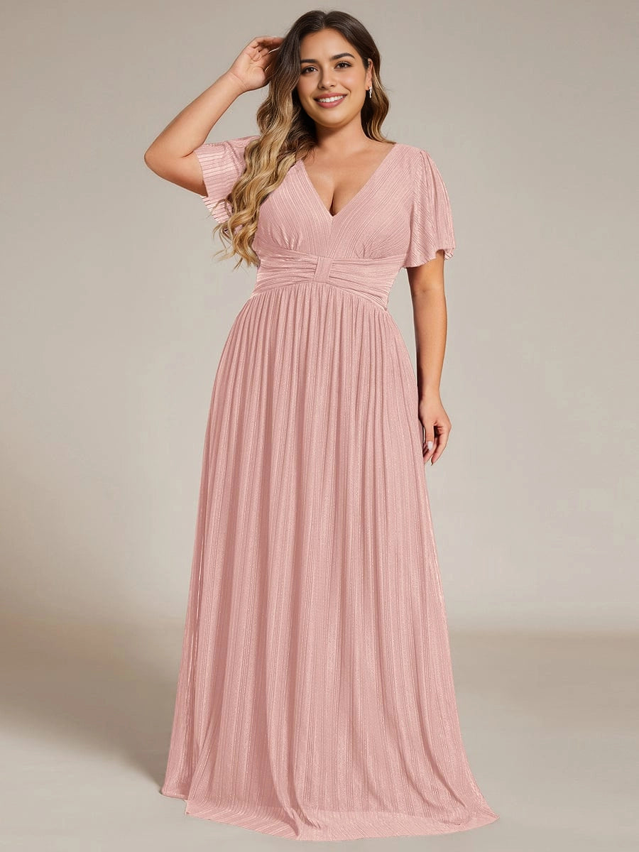 Roselledress Emerald Green Shimmer Pleated V-Neck Flutter Sleeve Zip Back Maxi Plus Size Weeding Guest Dress