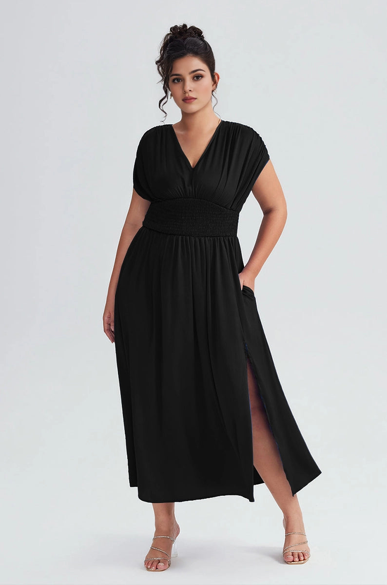Plus Size Royal Blue A Line V Neck Cap Sleeve Tie‑Back Midi Prom Dress