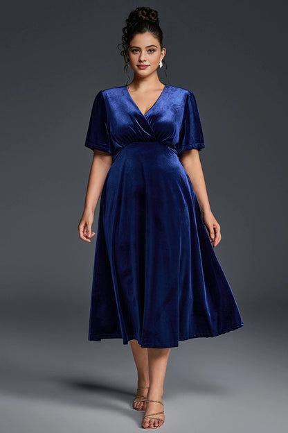 Roselledress royal blue velvet plus size mother midi dress wrap v neck short sleeve front photo
