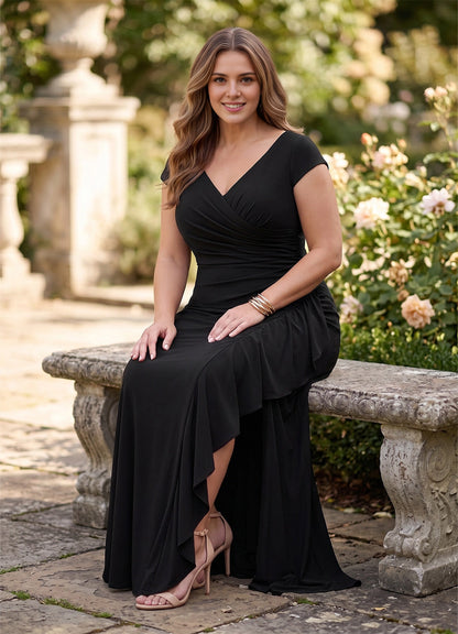 Sleek Sheath V-Neck Cap Sleeve Zipper-Back Maxi plus size Mother Of Bride Dress