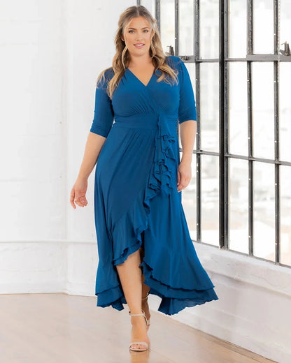 Elegant Wrap V‑Neck 3/4 Sleeve Ruffle‑Hem Floor‑Length Plus Size Wedding Guest Dress