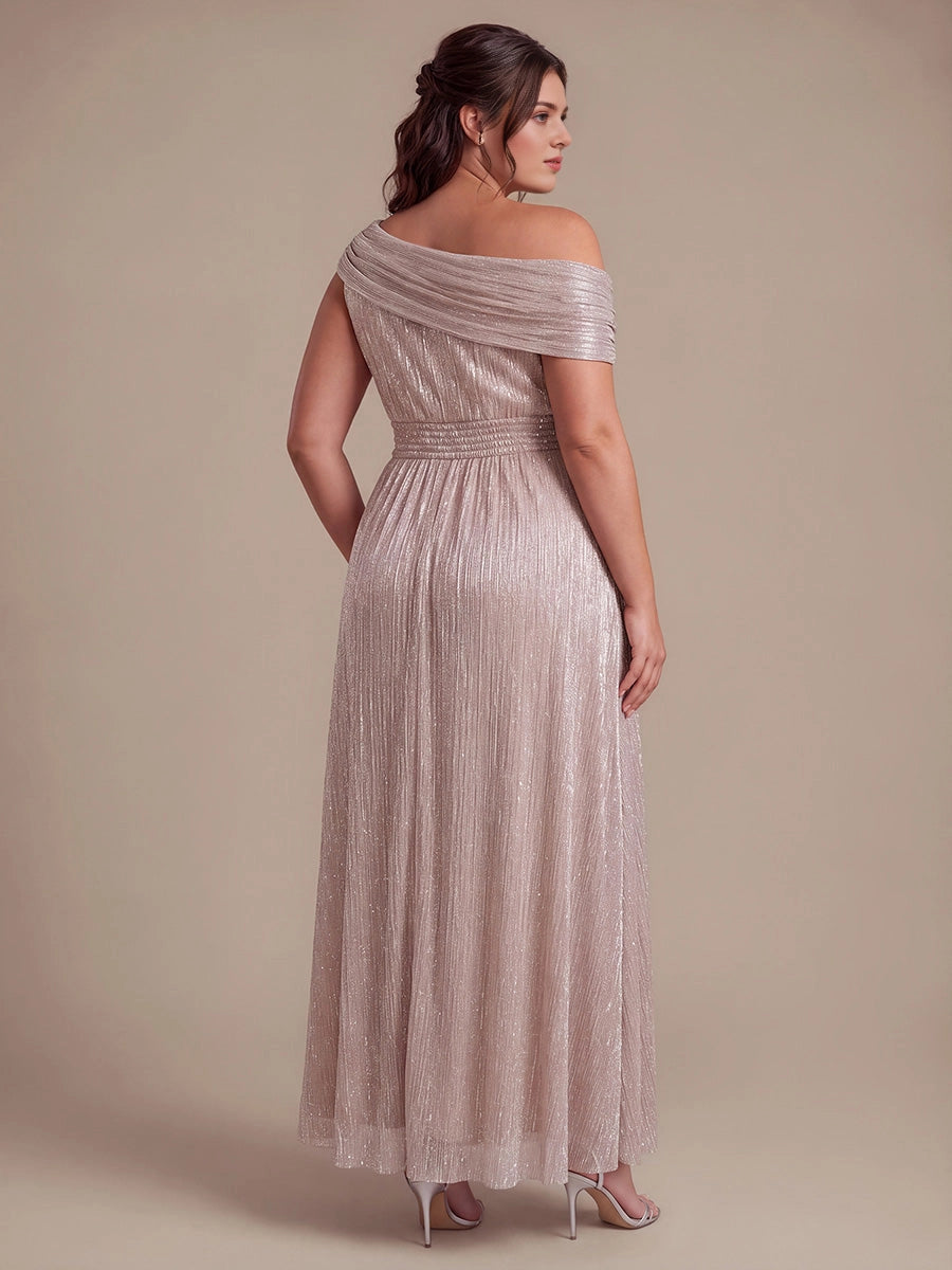 Roselledress Metallic Green A Line Off Shoulder Cap Sleeve Open Back Floor Length Plus Size Wedding Guest Dress 
