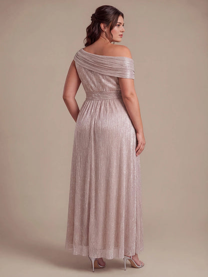 Roselledress Metallic Green A Line Off Shoulder Cap Sleeve Open Back Floor Length Plus Size Wedding Guest Dress 