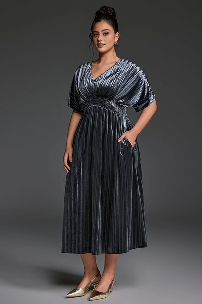 Shiny Plus Size A-Line V-Neck Dolman-Sleeve Solid-Back Midi-Length Mother Of Bride Dress
