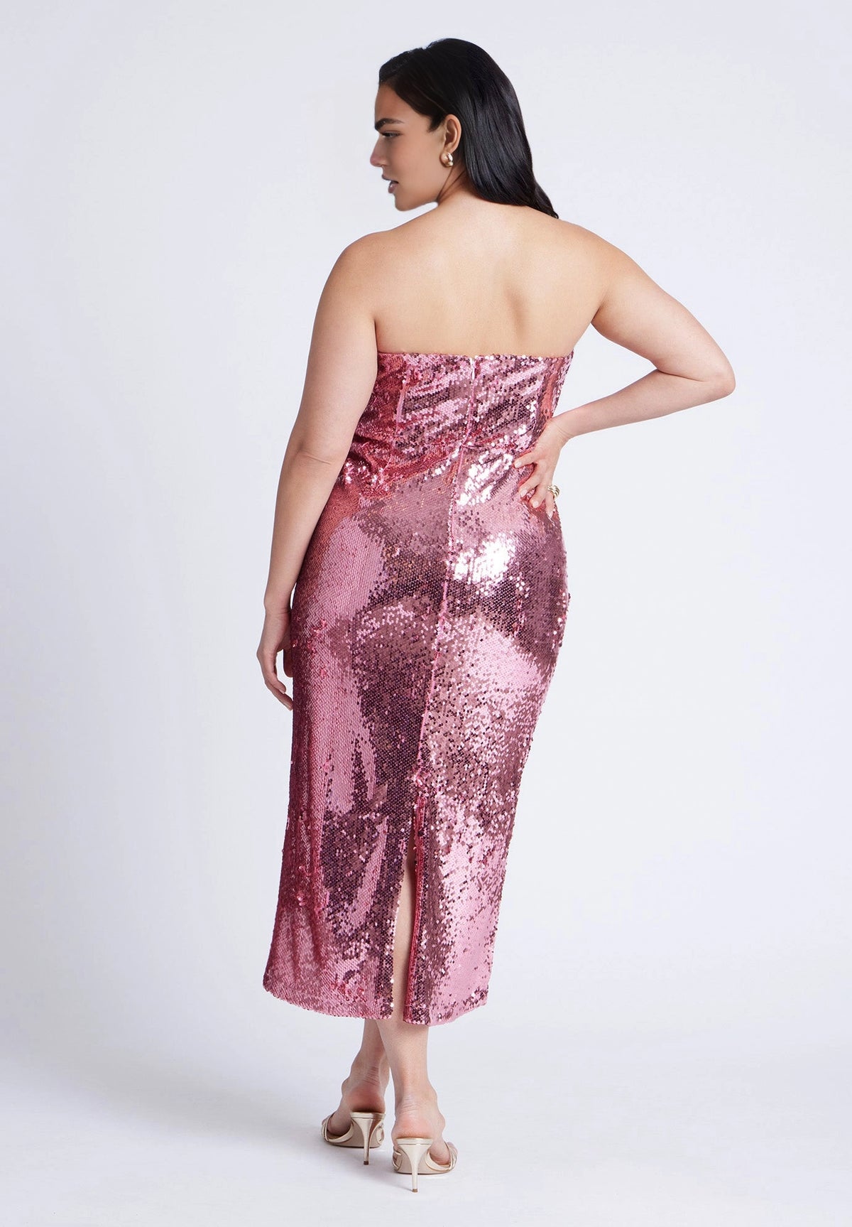 roselledress pink sequin plus size strapless midi dress zip back with back slit sparkly cocktail evening gown back view