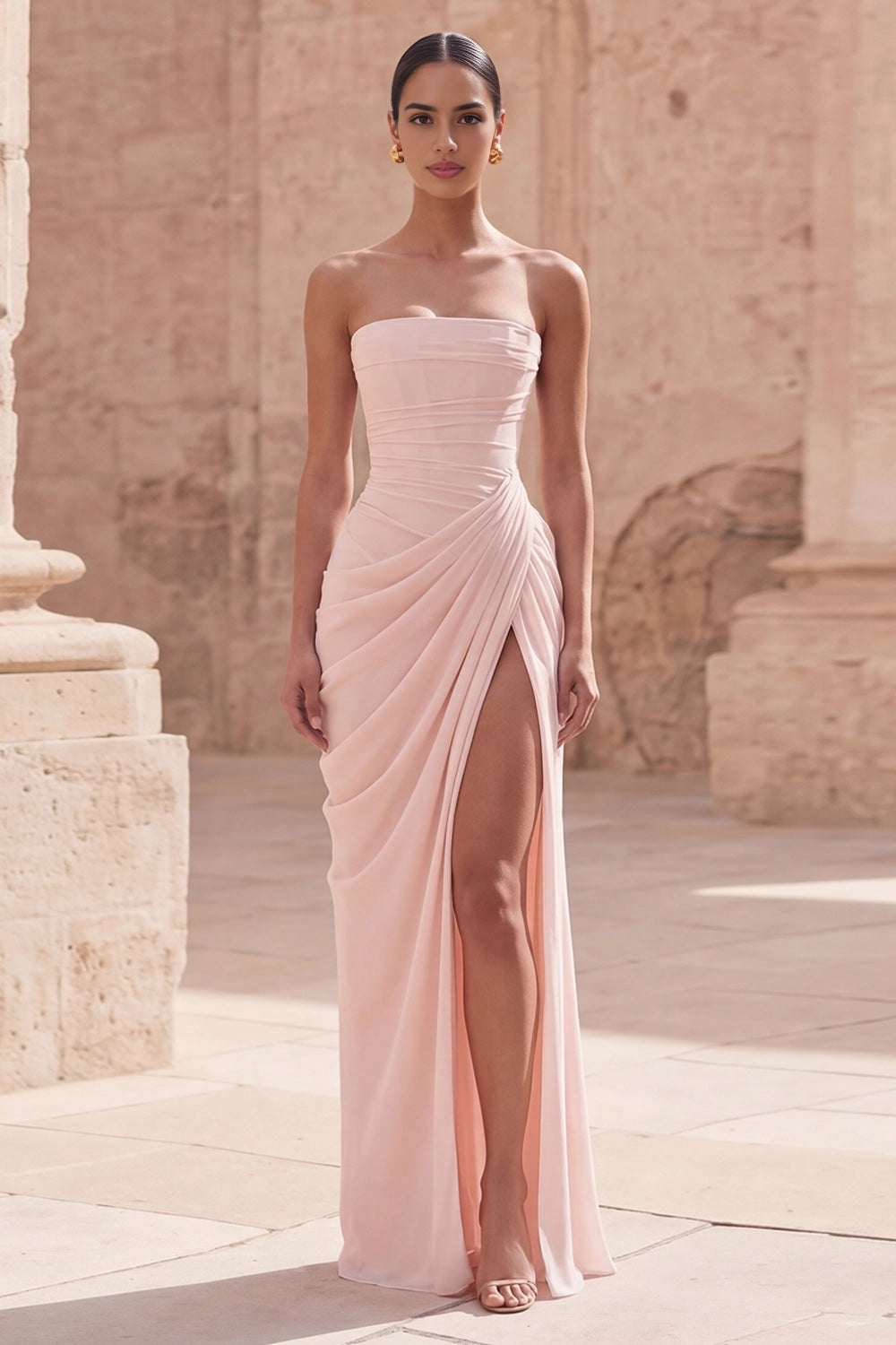 Roselledress blush pink strapless bridesmaid dress ruched bodice high slit mermaid chiffon wedding guest gown