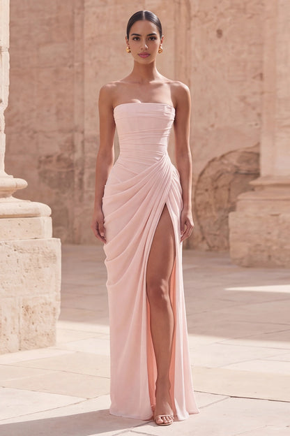 Roselledress blush pink strapless bridesmaid dress ruched bodice high slit mermaid chiffon wedding guest gown