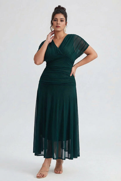 roselledress emerald green plus size a‑line mother of bride dress surplice v neck flutter short sleeve mesh midi formal gown for curvy women