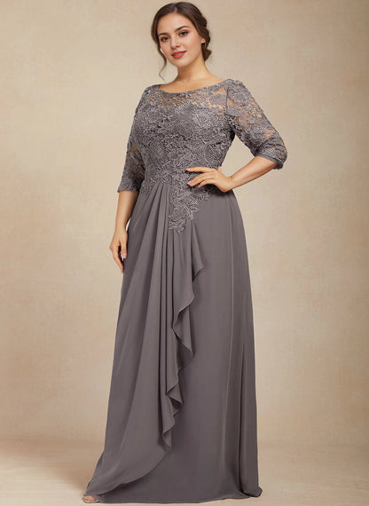 Graceful A-line Bateau Neck 3/4 Sleeve Lace-Back Maxi plus size Mother Of Bride Dress